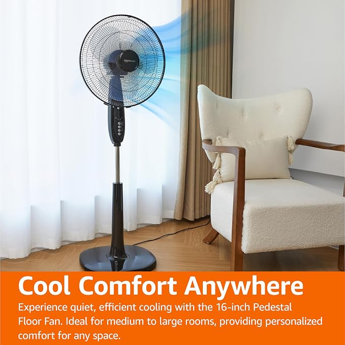 16" Pedestal Fan with Remote for Bedroom, Living Room, Office, Adjustable Height, Dual-Layered Blades, 3 Speeds, 3 Modes