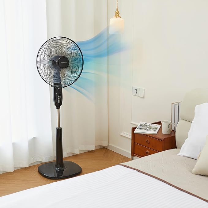 16" Pedestal Fan with Remote for Bedroom, Living Room, Office, Adjustable Height, Dual-Layered Blades, 3 Speeds, 3 Modes