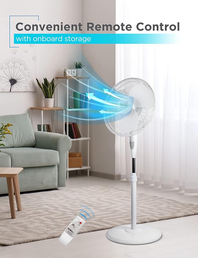16" Stand Fan with Pedestal Base, Height Adjustable Pedestal Fan with Remote and Touch Control Panel, Free Standing Fan with