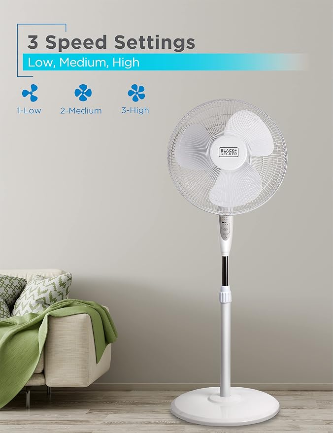 16" Stand Fan with Pedestal Base, Height Adjustable Pedestal Fan with Remote and Touch Control Panel, Free Standing Fan with