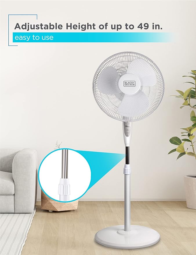 16" Stand Fan with Pedestal Base, Height Adjustable Pedestal Fan with Remote and Touch Control Panel, Free Standing Fan with