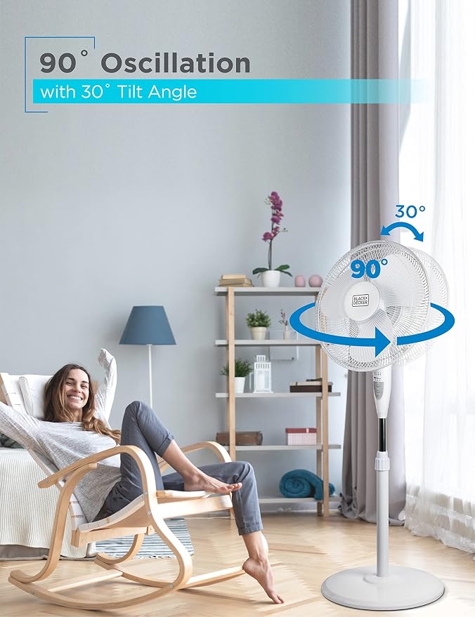 16" Stand Fan with Pedestal Base, Height Adjustable Pedestal Fan with Remote and Touch Control Panel, Free Standing Fan with