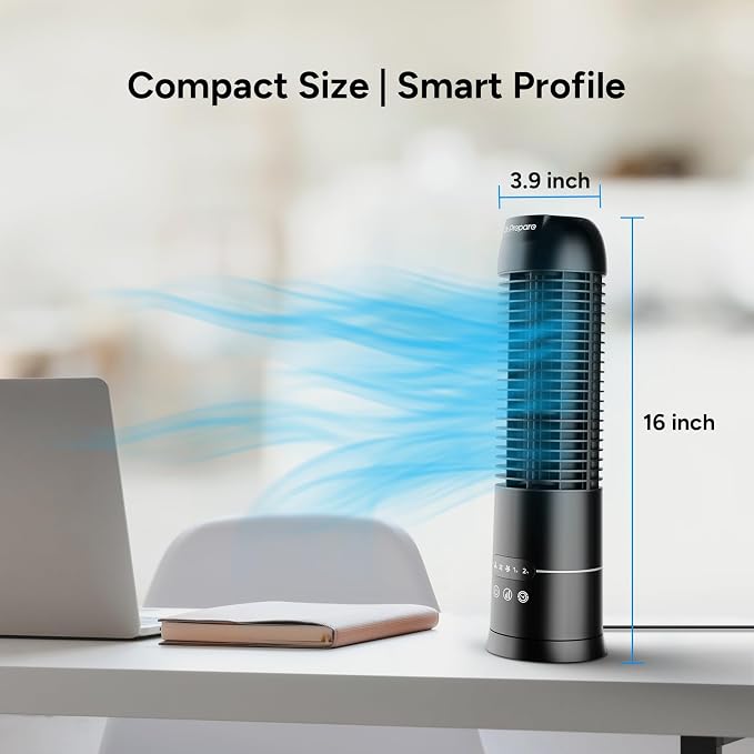 16" Tower Fan, 70° Oscillating Desk Fan, 3 Speeds with Timers, Personal Small Fans, alternate product view 2