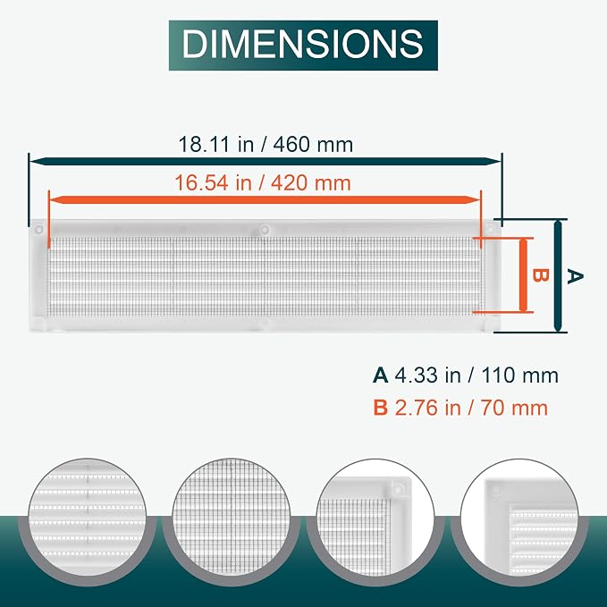16'' x 3'' Inch Opening Measurement / White Vent External Grille with Protective Mesh - Lightweight Plastic Register / Cover