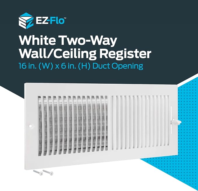 16 x 6 Inch (Duct Opening) White Air Vent Cover for Wall or Ceiling, Two-Way Ventilation Register, Solid Steel HVAC Cover