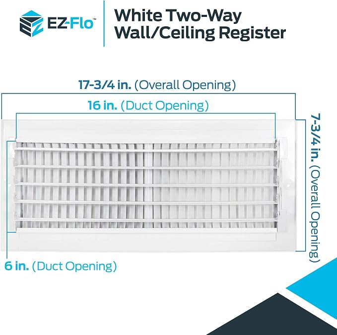 16 x 6 Inch (Duct Opening) White Air Vent Cover for Wall or Ceiling, Two-Way Ventilation Register, Solid Steel HVAC Cover