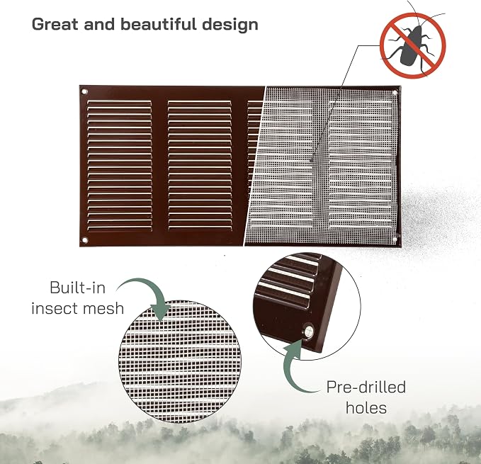 16" x 8" Inch Brown Metal Air Vent Cover - 3 Pack - Louvered Wall Grille with Built-in Mesh Screen - Durable HVAC Duct Cover