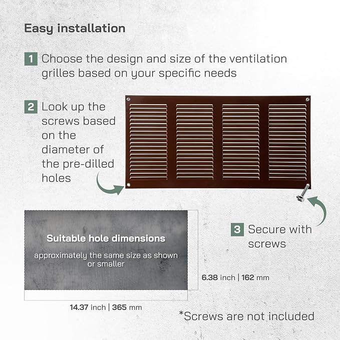 16" x 8" Inch Brown Metal Air Vent Cover - 3 Pack - Louvered Wall Grille with Built-in Mesh Screen - Durable HVAC Duct Cover