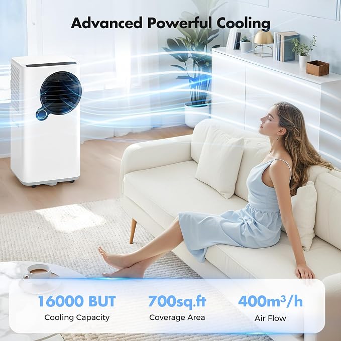16000 BTU Portable Air Conditioner for Large Rooms up to 750 Sq. Ft., 6-in-1 Smart AC with WiFi App Control, Child Lock