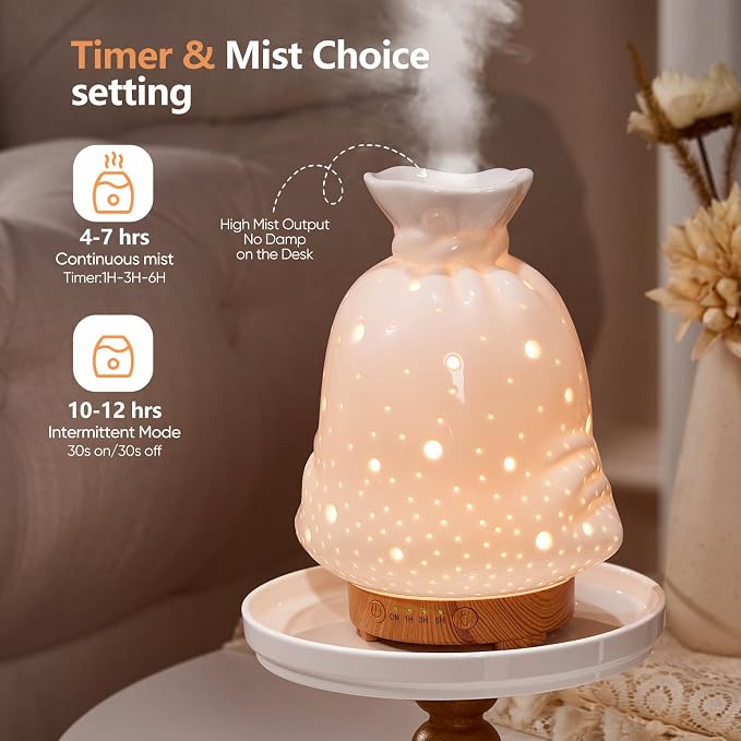 160ML Ceramic Diffuser for Essential Oils Lucky Bag Aromatherapy Diffuser Ultrasonic Cool Mist Humidifier with Intermittent