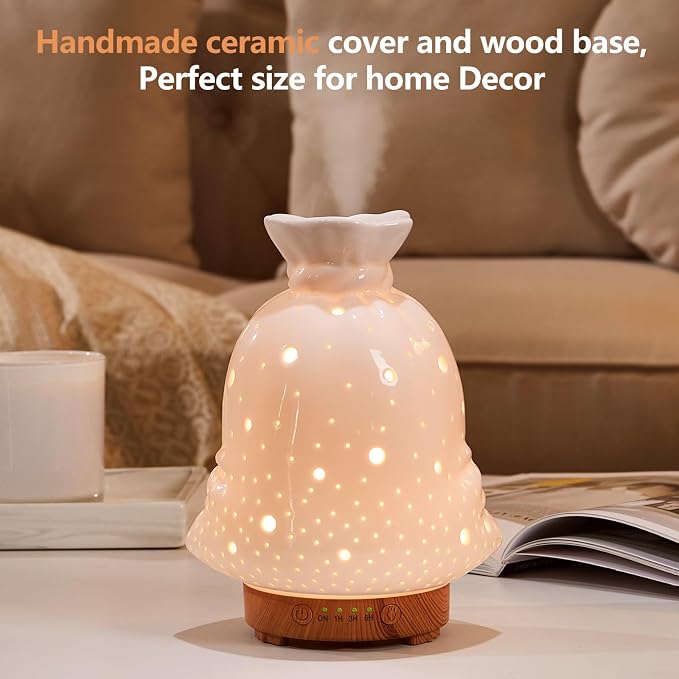 160ML Ceramic Diffuser for Essential Oils Lucky Bag Aromatherapy Diffuser Ultrasonic Cool Mist Humidifier with Intermittent