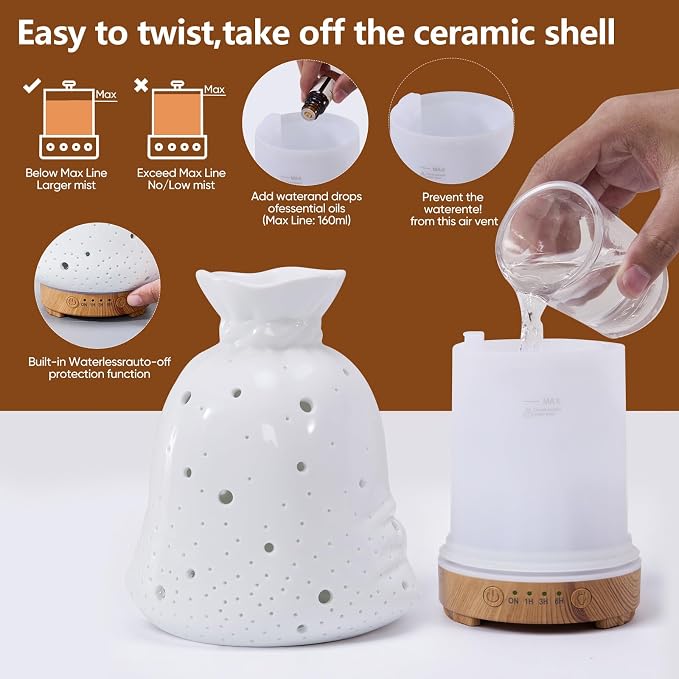 160ML Ceramic Diffuser for Essential Oils Lucky Bag Aromatherapy Diffuser Ultrasonic Cool Mist Humidifier with Intermittent