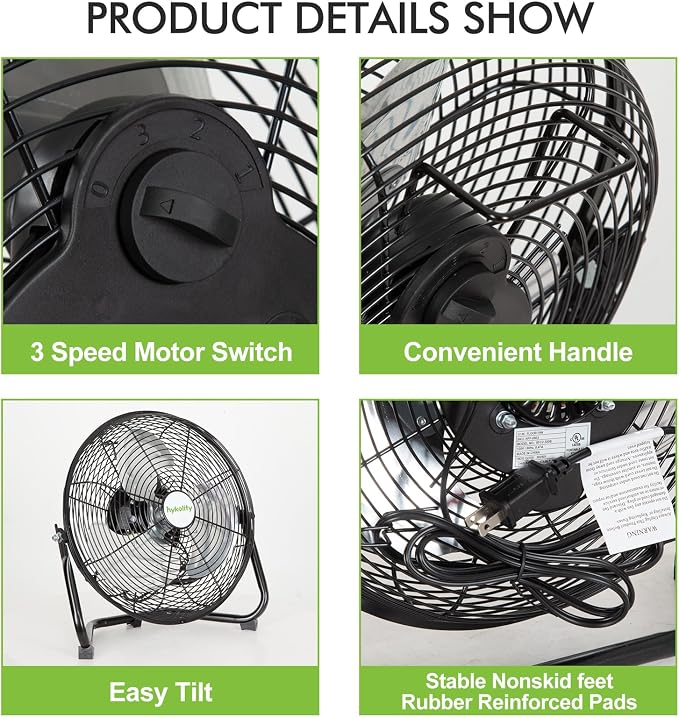 1680 CFM 12" High Velocity Floor Fan, 3-Speed Powerful Airflow Fan with 180-Degree Tilt, Heavy Duty Metal Fan for Home