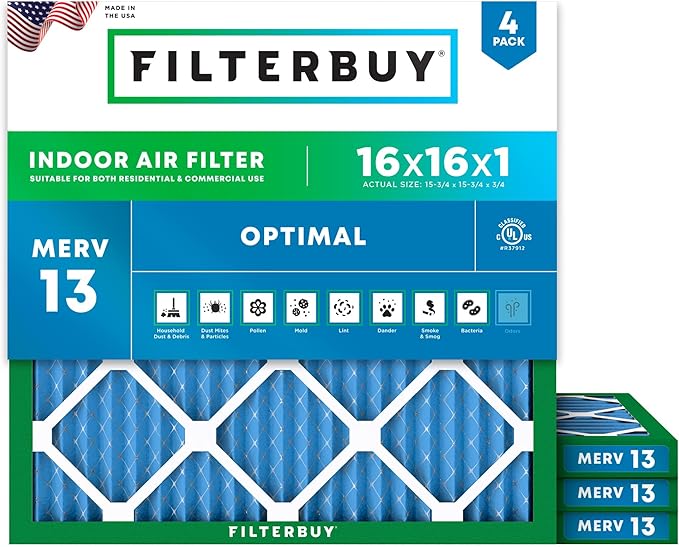 16x16x1 Air Filter MERV 13 Optimal Smoke & Allergy Defense (4-Pack), Electrostatic Pleated HVAC AC Furnace