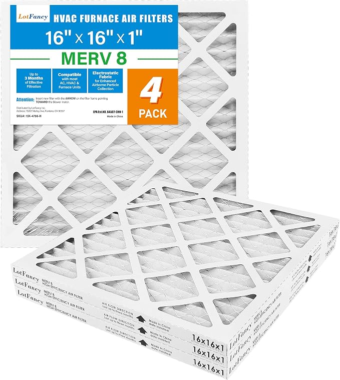 16x16x1 Air Filter MERV 8 4-Pack, Electrostatic Pleated Furnace & AC Filter, Captures Dust, Pet Hair, Pollen, Actual Size