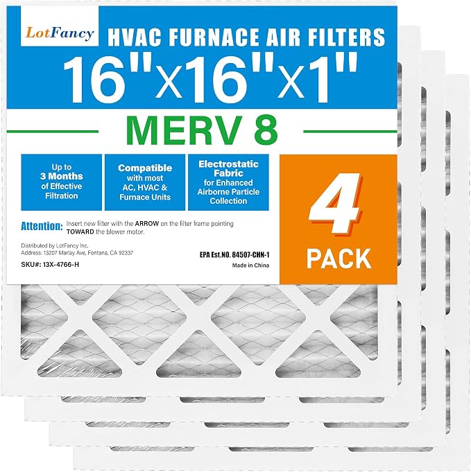 16x16x1 Air Filter MERV 8 4-Pack, Electrostatic Pleated Furnace & AC Filter, Captures Dust, Pet Hair, Pollen, Actual Size