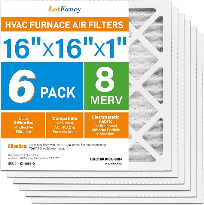 16x16x1 Air Filter MERV 8 6-Pack, Electrostatic Pleated Furnace & AC Filter, Captures Dust, Pet Hair, Pollen