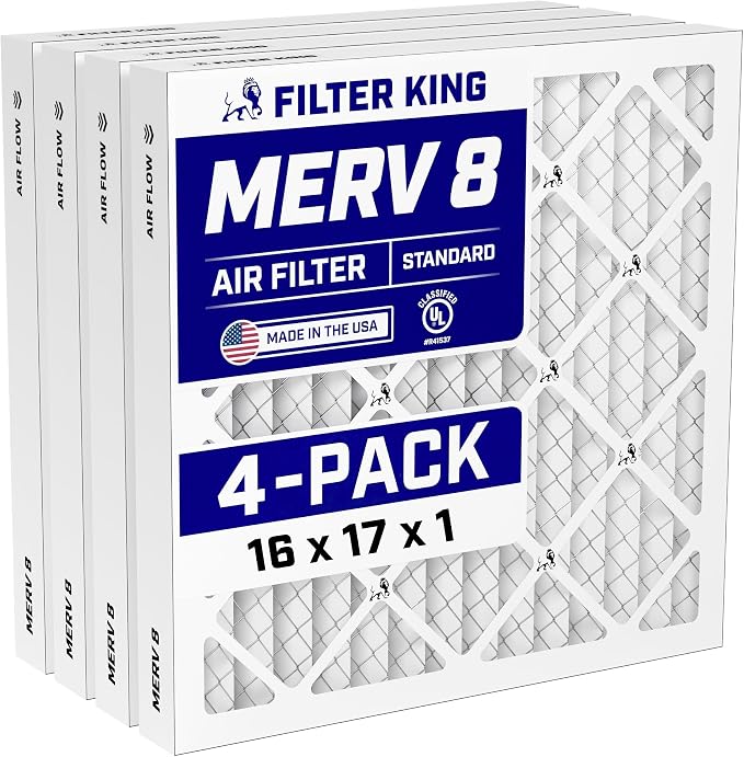 16x17x1 Air Filter (MERV 8) (4-Pack) Dust & Allergy Control AC Furnace Filters, MADE IN USA, HVAC, Pleated, Electrostatic