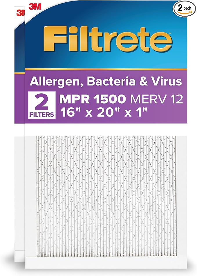 16x20x1 AC Furnace Air Filter, MERV 12, MPR 1500, CERTIFIED asthma & allergy friendly, 3 Month Pleated 1-Inch Electrostatic