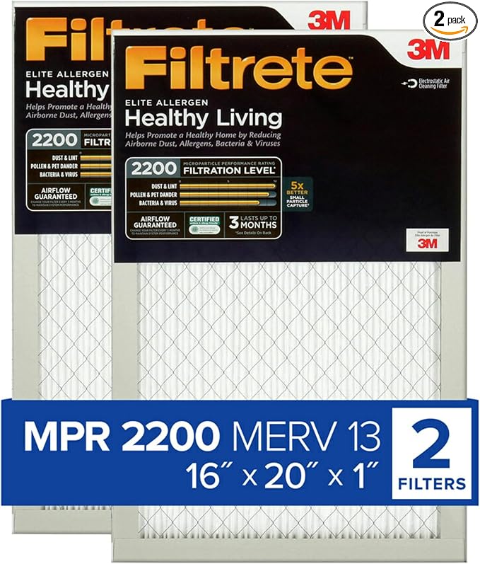 16x20x1 AC Furnace Air Filter, MERV 13, MPR 2200, Elite Allergen, Bacteria & Virus Filter, 3-Month Pleated 1-Inch