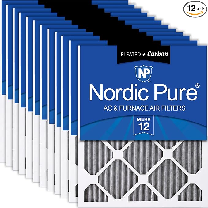 16x20x1 (Actual Size: 15 1/2 x 19 1/2 x 3/4) Furnace Air Filters MERV 12 Pleated Plus Carbon 12 Pack, product image