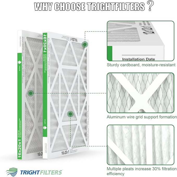 16x20x1 Air Filter 4 Pack, Durable MERV 8 Pleated Home HVAC AC Furnace Filters, alternate product view 3