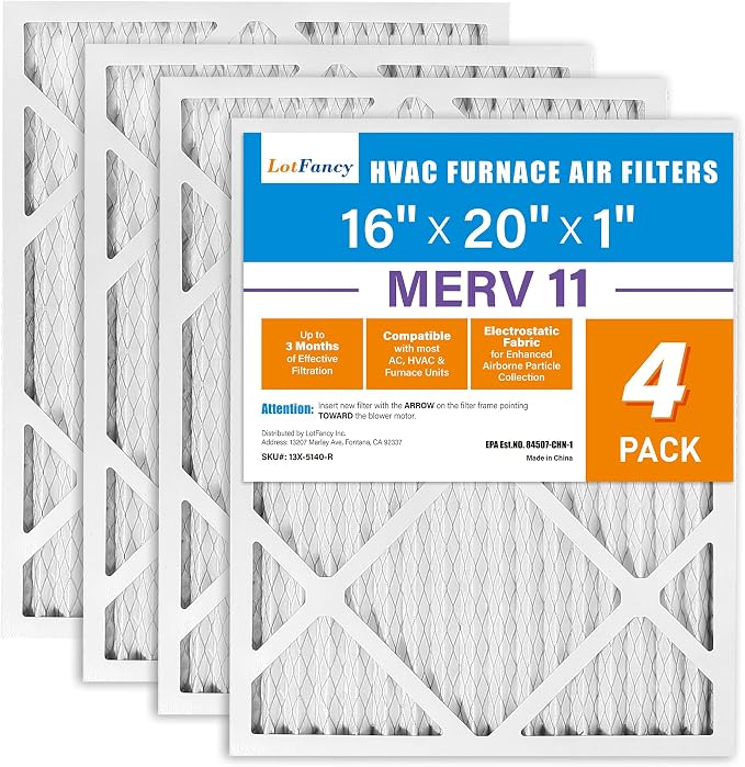 16x20x1 Air Filter MERV 11 4-Pack, Electrostatic Pleated AC Furnace Air Filter, Captures Dust, Smog & Pet