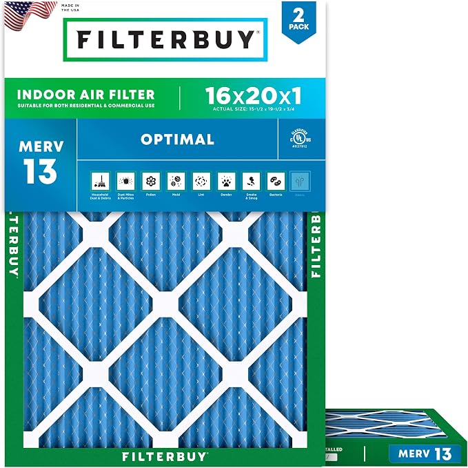 16x20x1 Air Filter MERV 13 Optimal Smoke & Allergy Defense (2-Pack), Electrostatic Pleated HVAC AC Furnace Filters