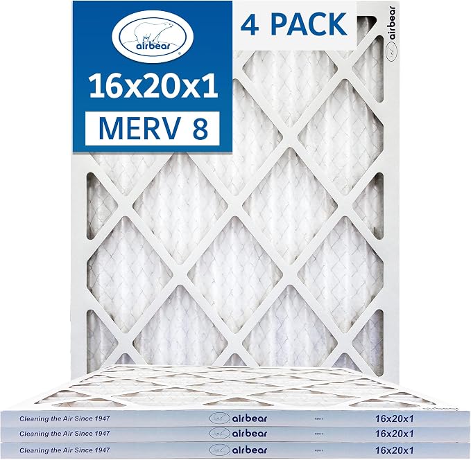 16x20x1 Air Filter MERV 8 (4-Pack) Air Bear pleated HVAC air filter replacement low resistance to airflow and great