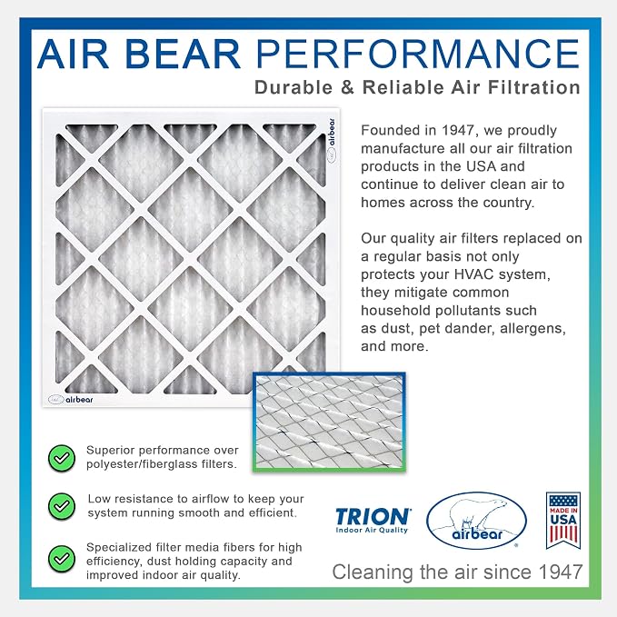 16x20x1 Air Filter MERV 8 (4-Pack) Air Bear pleated HVAC air filter replacement low resistance to airflow and great