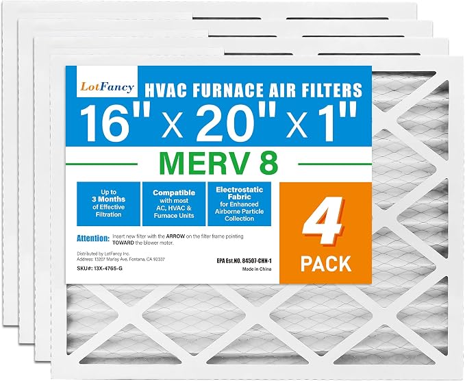 16x20x1 Air Filter MERV 8 4-Pack, Electrostatic Pleated Furnace & AC Filter, Captures Dust, Pet Hair, Pollen, Actual Size