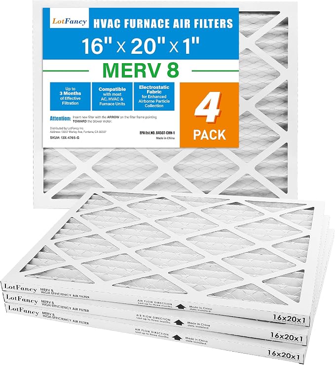16x20x1 Air Filter MERV 8 4-Pack, Electrostatic Pleated Furnace & AC Filter, Captures Dust, Pet Hair, Pollen, Actual Size