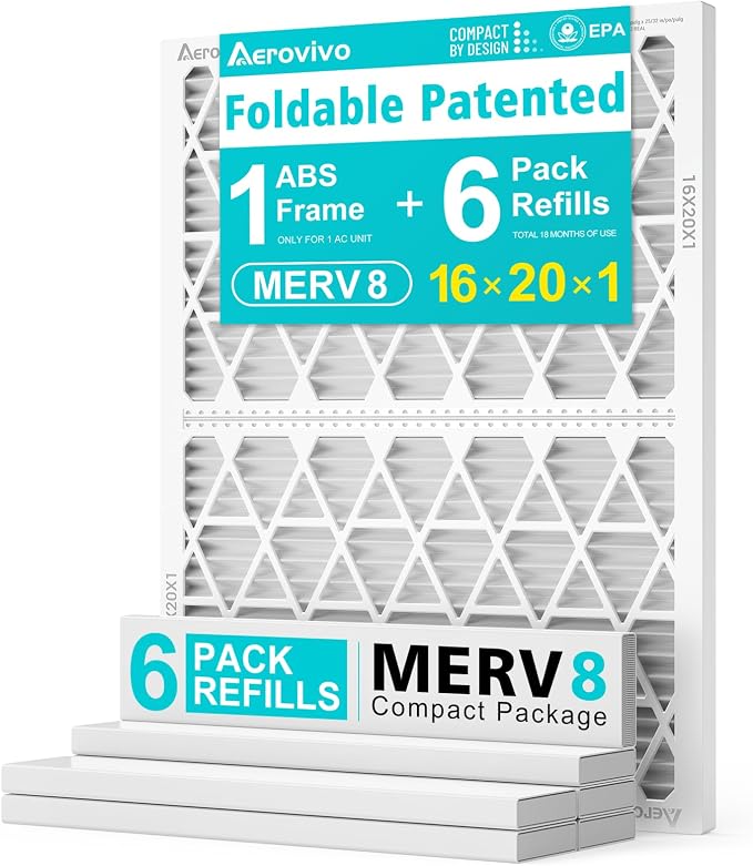 16x20x1 MERV8 Refillable Air Filter Starter Kit, 1 Reusable Foldable Frame & 6 Refills, Perfect for Most AC HVAC Furnace