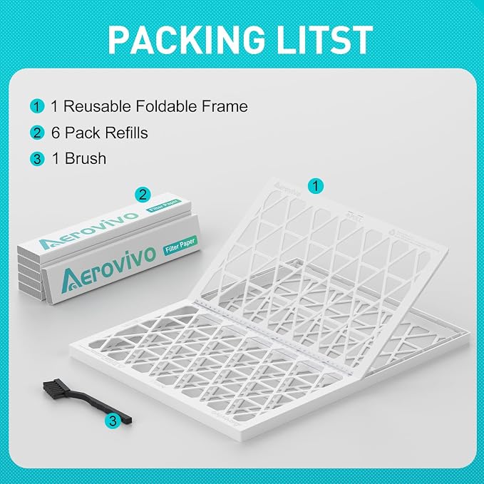 16x20x1 MERV8 Refillable Air Filter Starter Kit, 1 Reusable Foldable Frame & 6 Refills, Perfect for Most AC HVAC Furnace