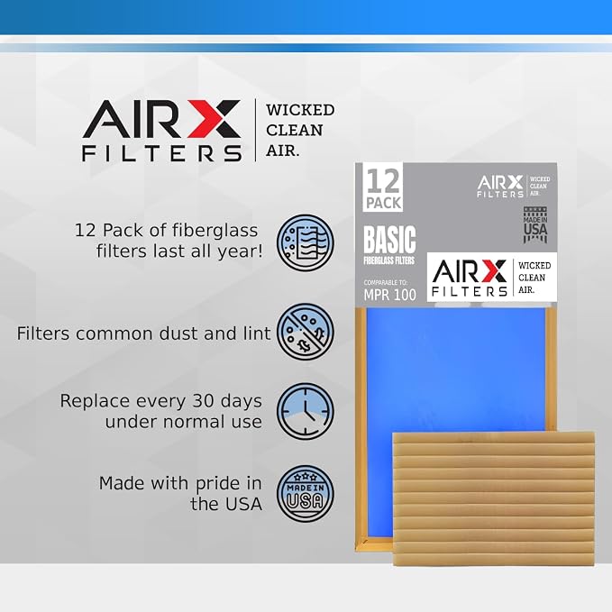 16x20x2 Air Filter Comparable to MPR 100 Basic Economy Furnace Filters, 12 Pack of Non Pleated Fiberglass Filter For Dust