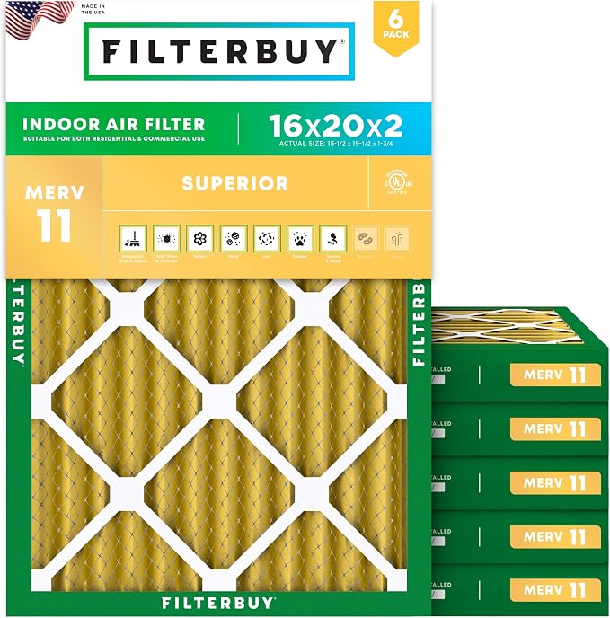 16x20x2 Air Filter MERV 11 Superior Pet & Allergy Defense (6-Pack), Electrostatic Pleated HVAC AC Furnace