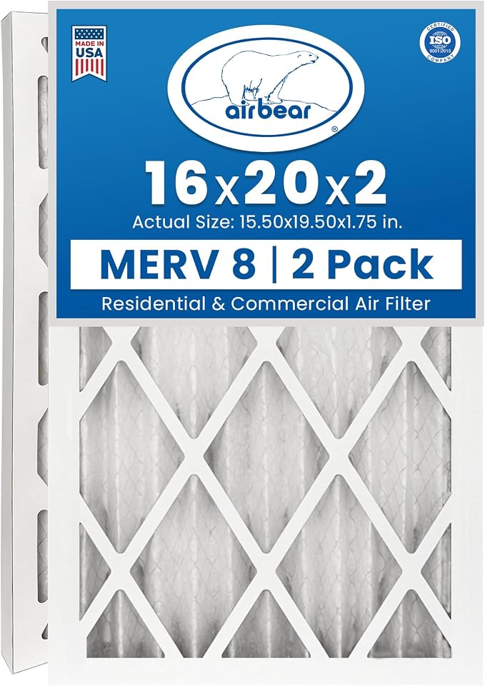 16x20x2 Air Filter MERV 8 (2-Pack) Air Bear Pleated HVAC Air Filter Replacement (Actual Size: 15.50 x 19.50 x 1.75 Inches)