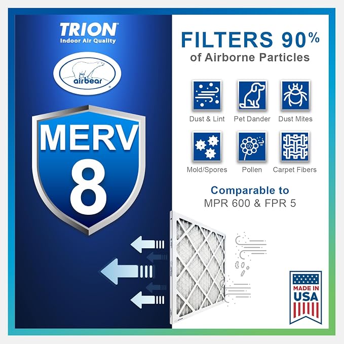 16x20x2 Air Filter MERV 8 (2-Pack) Air Bear Pleated HVAC Air Filter Replacement (Actual Size: 15.50 x 19.50 x 1.75 Inches)