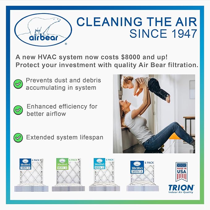 16x20x2 Air Filter MERV 8 (2-Pack) Air Bear Pleated HVAC Air Filter Replacement (Actual Size: 15.50 x 19.50 x 1.75 Inches)