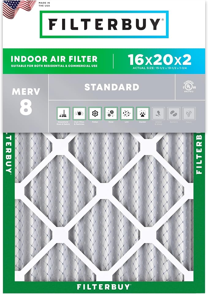16x20x2 Air Filter MERV 8 Essential Dust & Allergy Defense (1-Pack), Electrostatic Pleated HVAC AC Furnace
