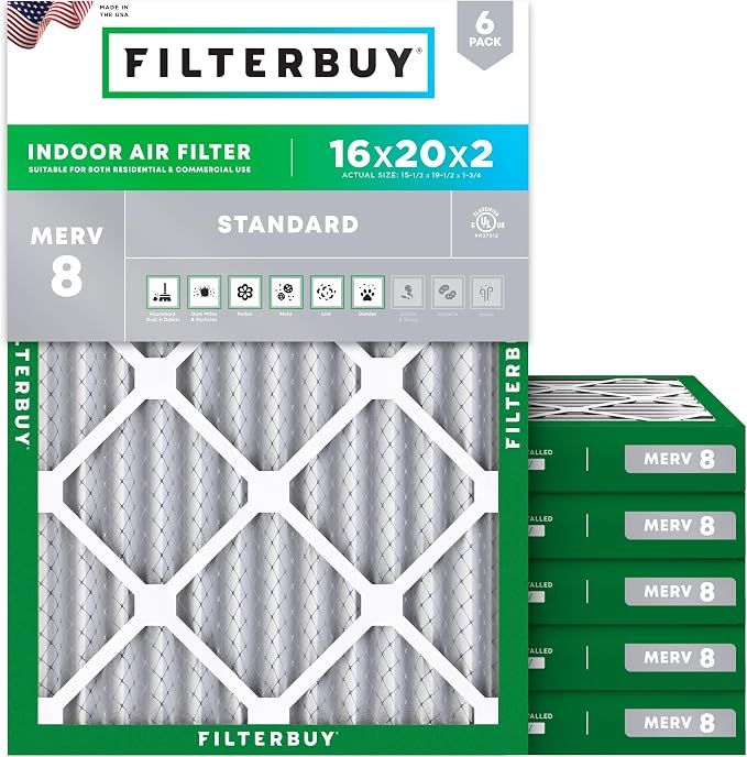 16x20x2 Air Filter MERV 8 Essential Dust & Allergy Defense (6-Pack), Electrostatic Pleated HVAC AC Furnace