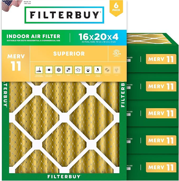 16x20x4 Air Filter MERV 11 Superior Pet & Allergy Defense (6-Pack), Electrostatic Pleated HVAC AC Furnace