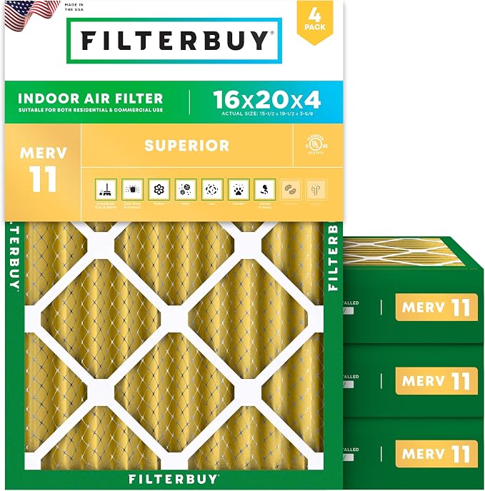 16x20x4 Air Filter MERV 11 Superior Pet & Allergy Defense (4-Pack), Electrostatic Pleated HVAC AC Furnace Filters Replacement