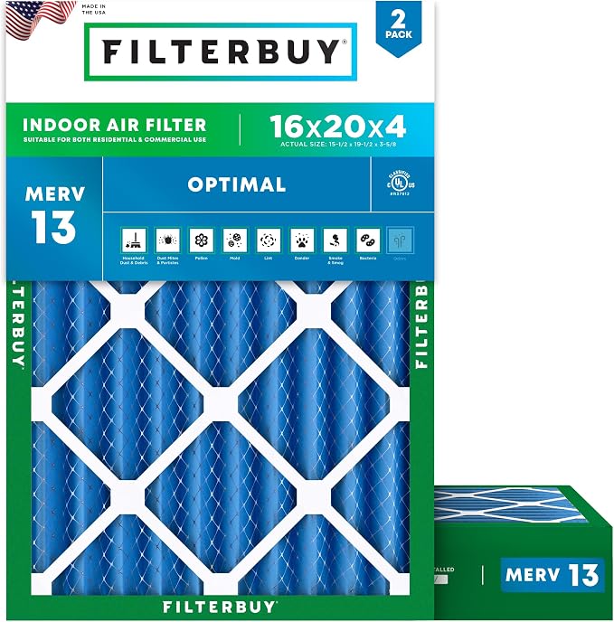 16x20x4 Air Filter MERV 13 Optimal Smoke & Allergy Defense (2-Pack), Electrostatic Pleated HVAC AC Furnace Filters