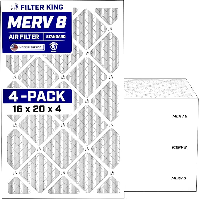 16x20x4 Air Filter (MERV 8) (4-Pack) Dust & Allergy Control AC Furnace Filters, MADE IN USA, HVAC, Pleated, Electrostatic