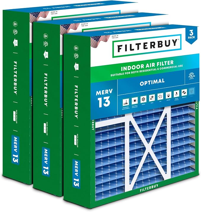16x20x5 Air Filter MERV 13 Optimal Smoke & Allergy Defense (3-Pack), Pleated HVAC AC Furnace Filters for
