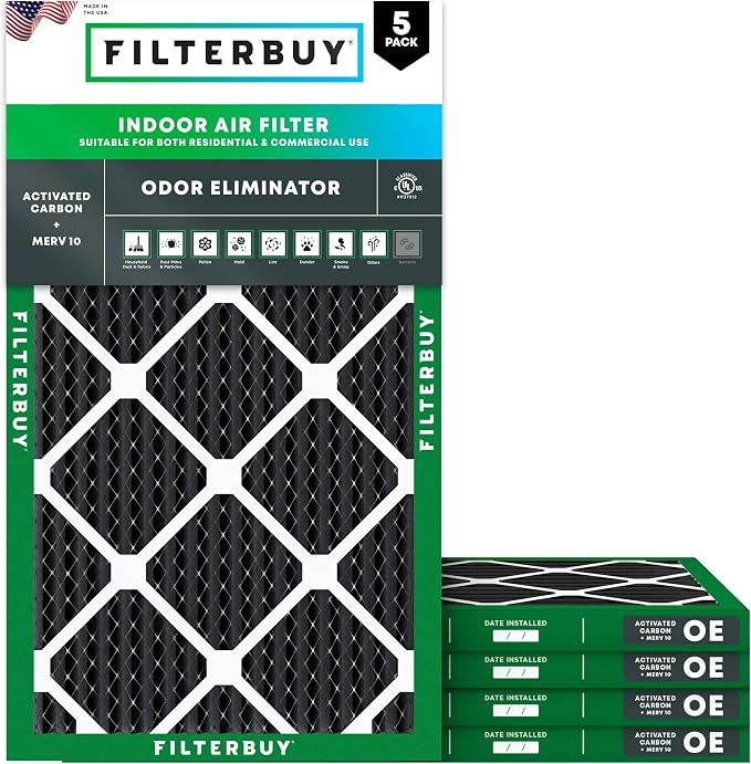 16x24x1 Air Filter MERV 10 Odor & Allergy Defense with Activated Carbon (5-Pack), Electrostatic Pleated HVAC AC Furnace