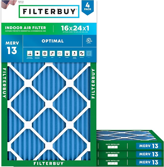 16x24x1 Air Filter MERV 13 Optimal Smoke & Allergy Defense (4-Pack), Electrostatic Pleated HVAC AC Furnace