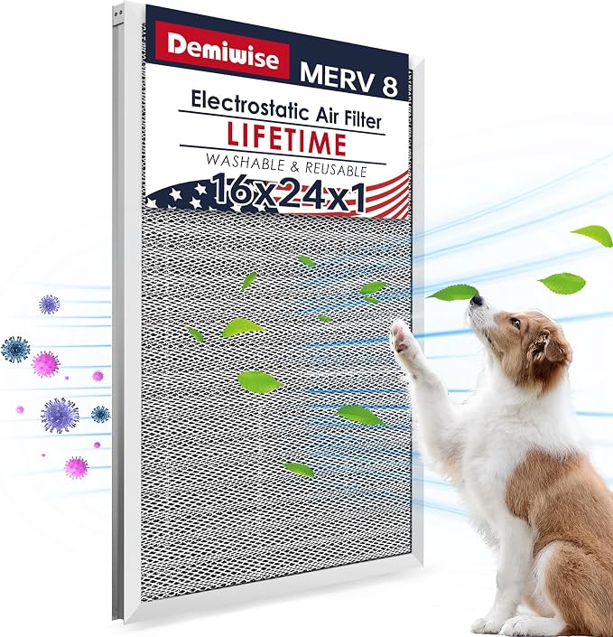 16x24x1 Lifetime Electrostatic Air Filter, MERV 8 Reusable Aluminum AC/HVAC Furnace Filter, Washable Permanent Air Filter
