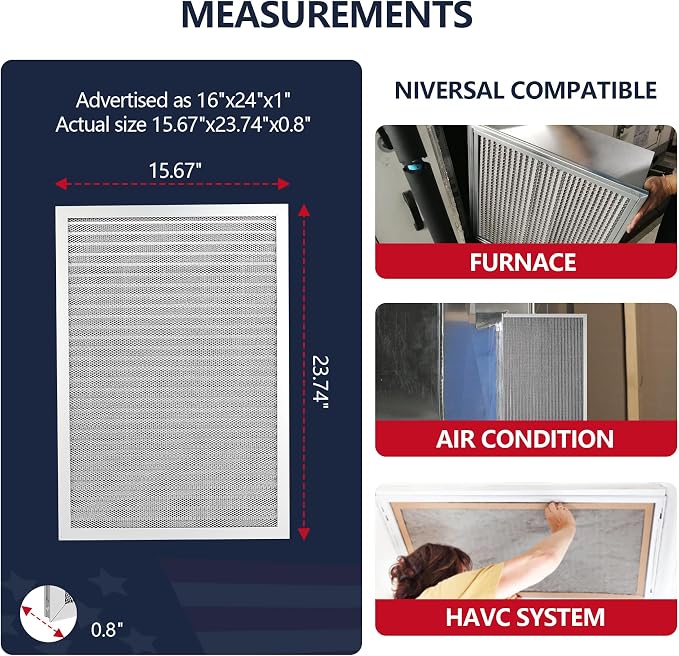 16x24x1 Lifetime Electrostatic Air Filter, MERV 8 Reusable Aluminum AC/HVAC Furnace Filter, Washable Permanent Air Filter